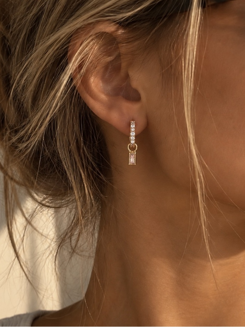 Dainty Yellow Gold Plated Huggie Drop Earrings with Pink + Clear CZs | Unworn